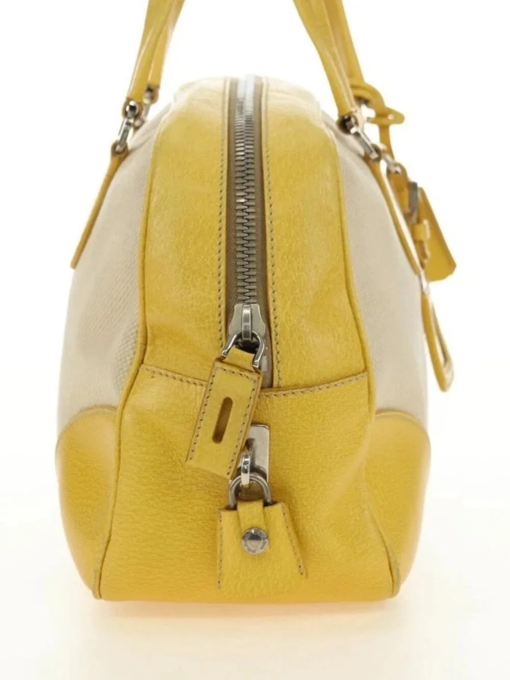 PRADA Hand Bag Canvas Leather Beige Yellow Silver Auth